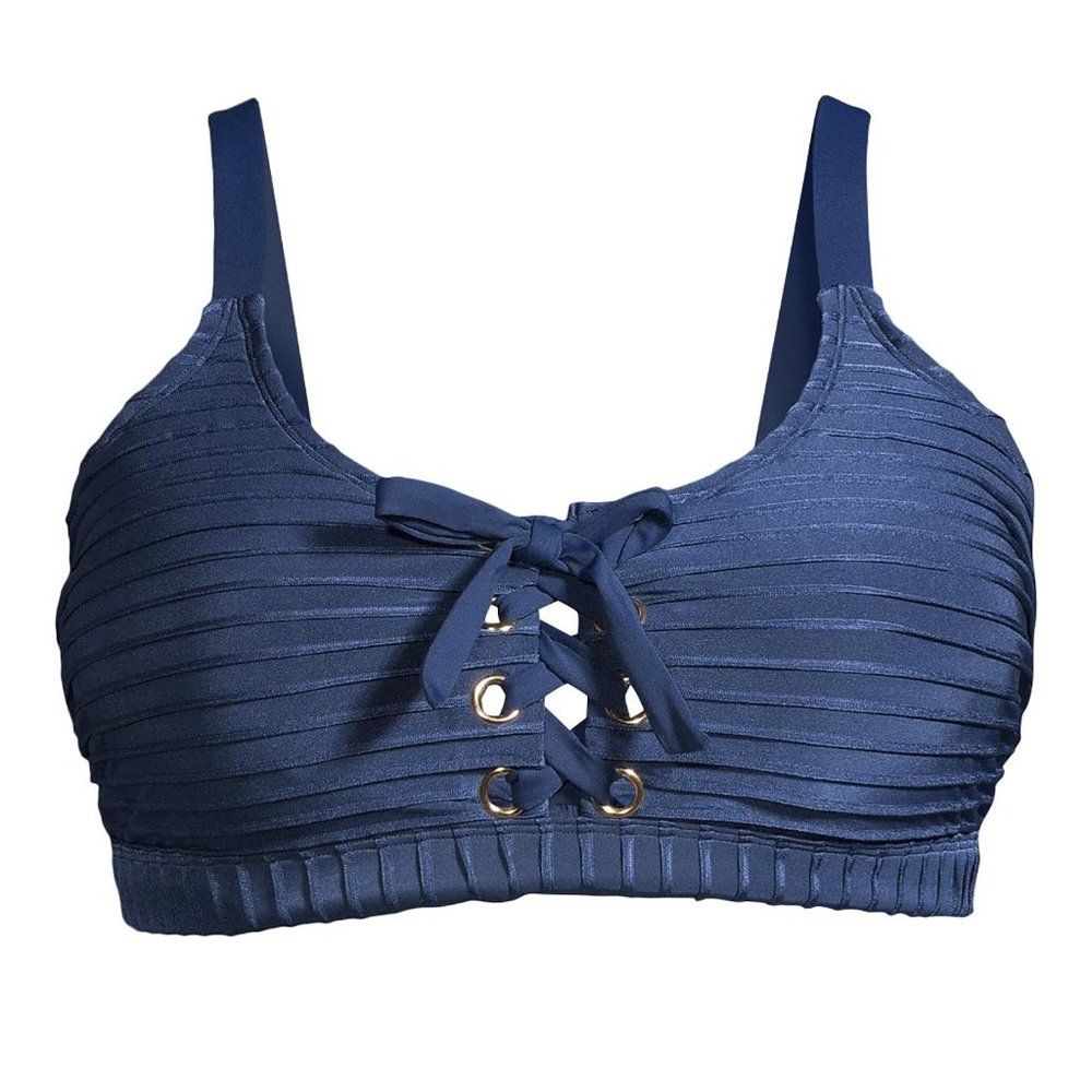 Swimsuit Bikini Top Blue Lace Up Tie Strappy Halter Cropped NEW Large